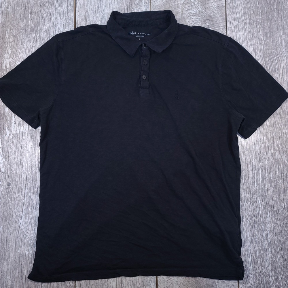 John Varvatos Polo Shirt Mens Large Black Slub Peace Sign Cotton Short Sleeve